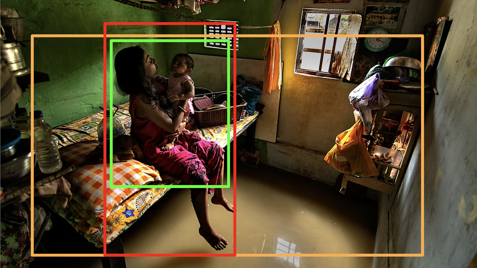 Three different image crop sizes are shown in coloured squares on top of an image of a mother and child sat in their flooded home in the Bay of Bangal.