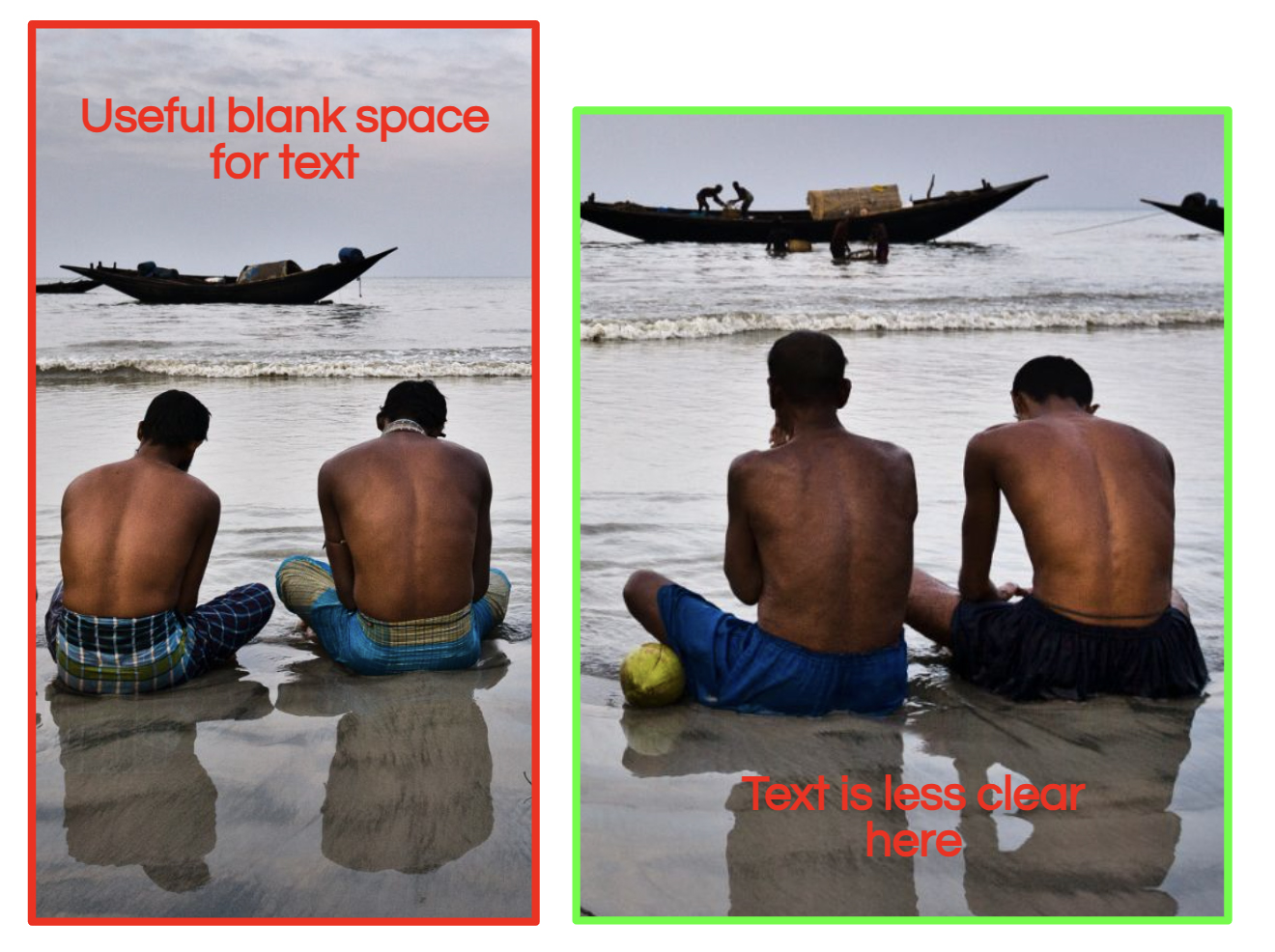 Two different crops of an image of fishermen praying on a beach in Bangladesh showing different places to overlay text.